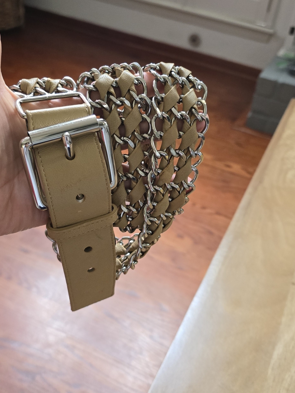 Guess Beige Leather-Woven Chain Belt - Men Accessories